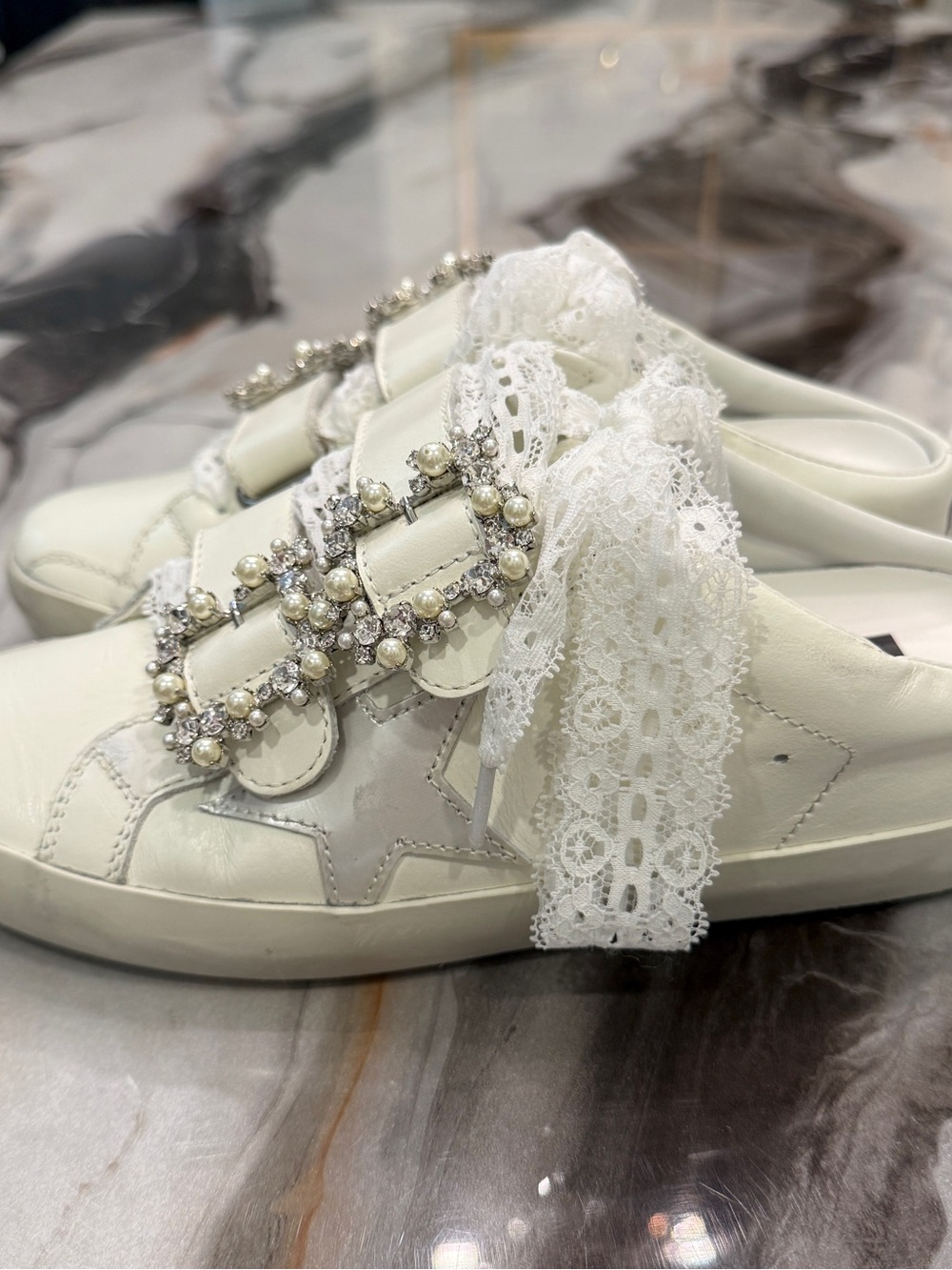 GOLDEN GOOSE Old School Sabot PEARL EMBELLISHED BUCKLE Sneakers 37/7 - Picture 7 of 16